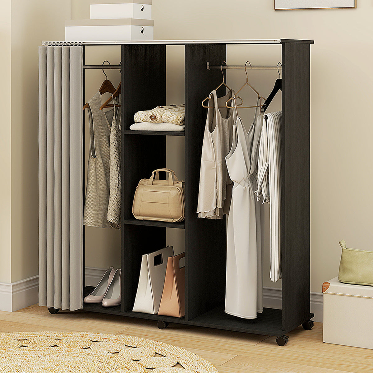 Armoire penderie Meuble de Rangement Mobile 6 roulettes 120L x 40l x 128H cm en bois Noir-8