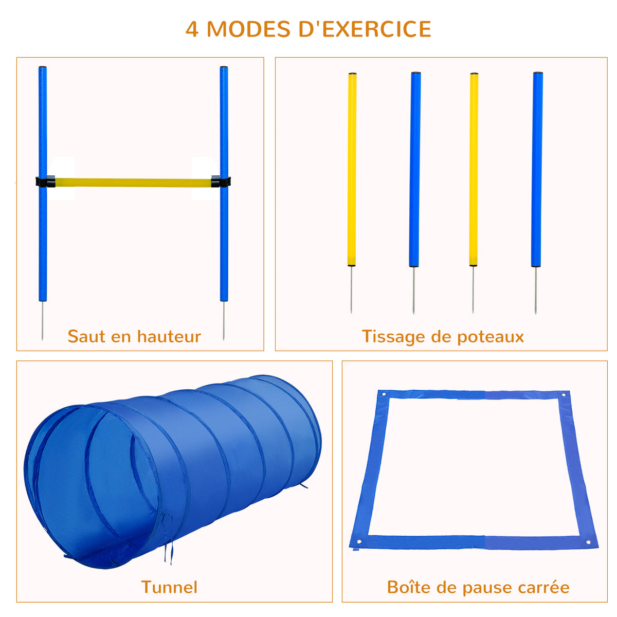 Agility sport pour chiens équipement complet obstacles, tunnel, slalom, zone repos + 2 sacs de transport bleu jaune-3