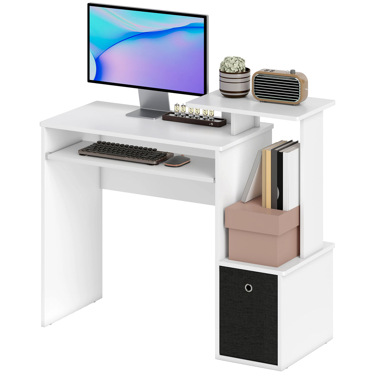 Bureau Informatique multimédia étagères Tablette Clavier Panier Noir Panneaux Particules Blanc-9