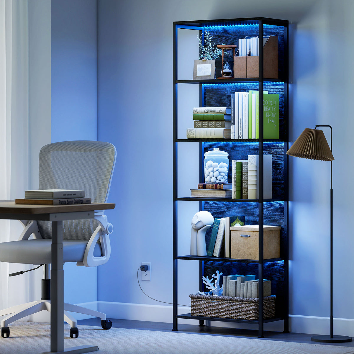 Bibliothèque étagère de rangement à 5 niveaux avec éclairage LED 7 couleurs, structure en acier, 60 x 30 x 179 cm, noir-9