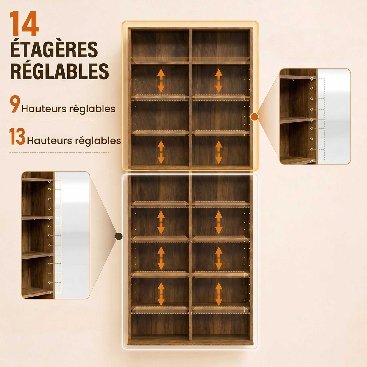 Rangements pour CD et DVD 18 compartiments capacité max. 640 CD/360 DVD 430 Blu-ray 78,5 x 24 x 175 cm noyer foncé-4
