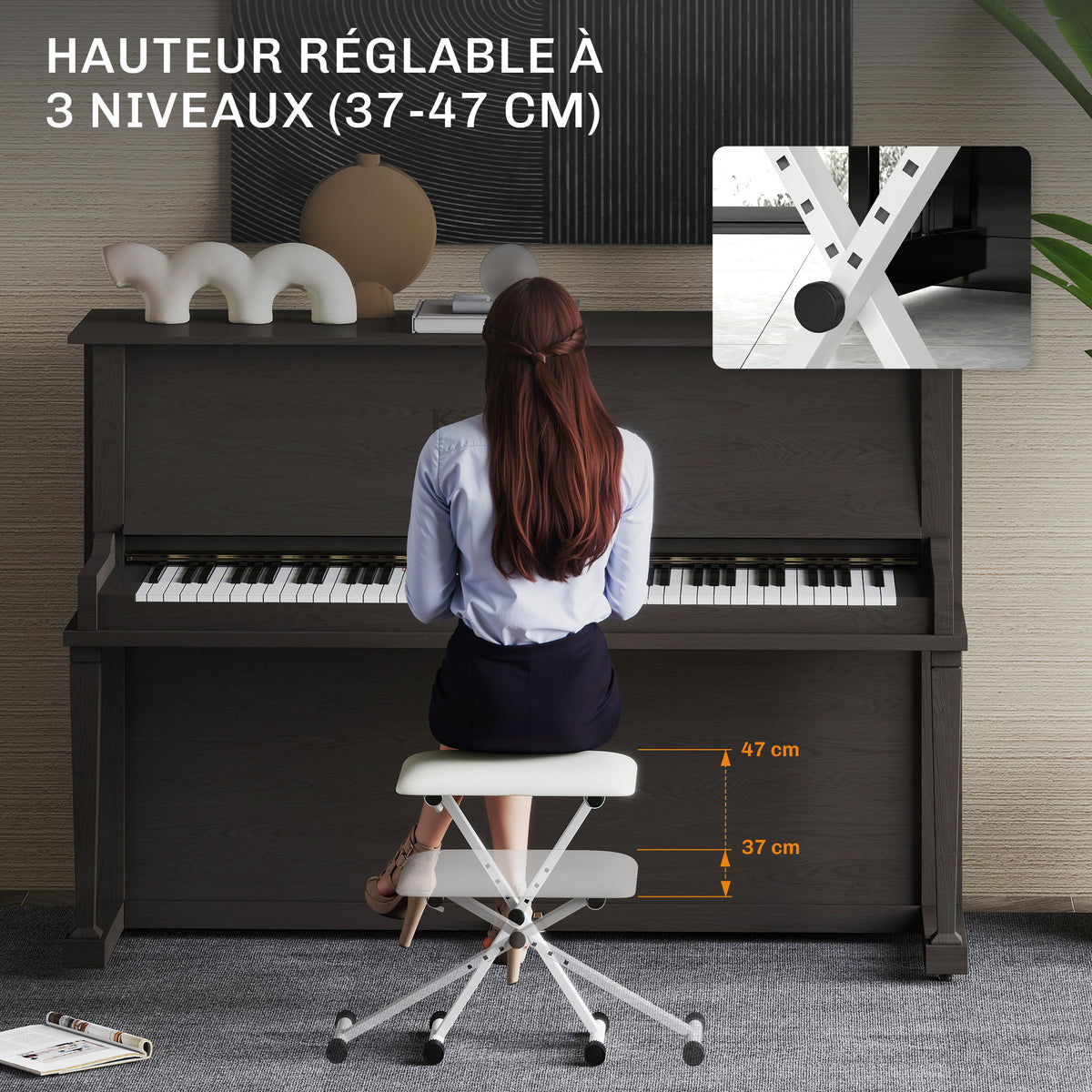 Tabouret piano pliable, banc piano réglable en hauteur, siège rembourré en PU, 39 x 29 x 37-47 cm, blanc-4