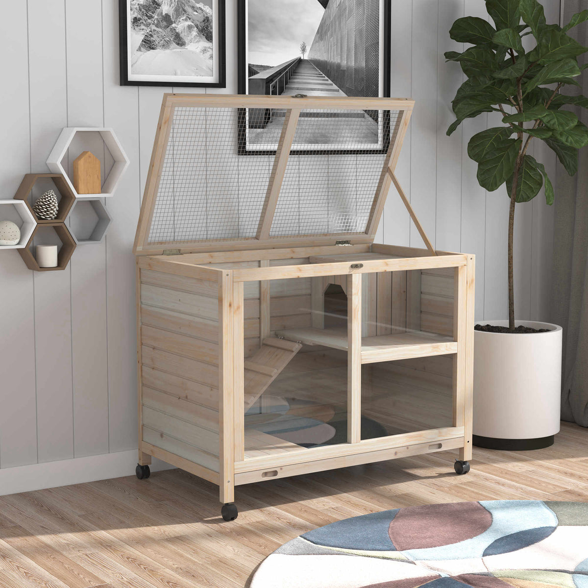 Cage à lapin clapier sur roulettes petit enclos animaux en bois massif 2 étages toit ouvrant plates-formes 91,5 x 53,3 x 73 cm bois naturel-9