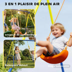Portique Balancoire Exterieur Enfants 3-en-1, Siège de Balancelle, 2 Anneaux Gymnastique et Balançoire à Disque-3