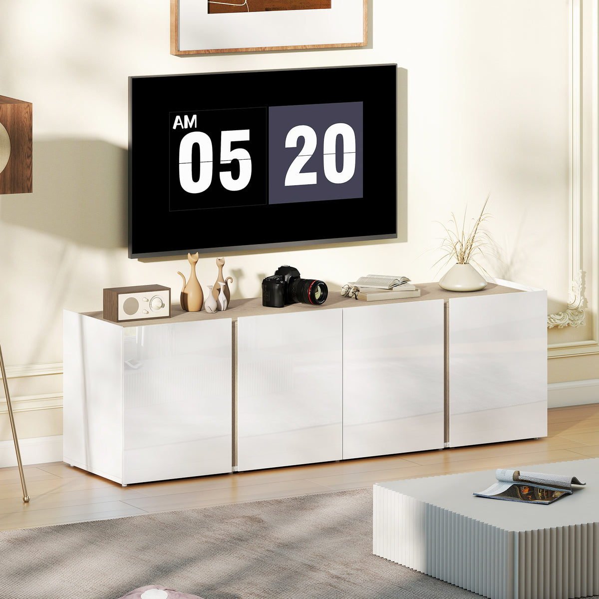 Meuble TV, banc TV avec 4 portes à fermeture amortie, étagère réglable et passe-câbles, 135 x 38 x 45 cm, blanc-7