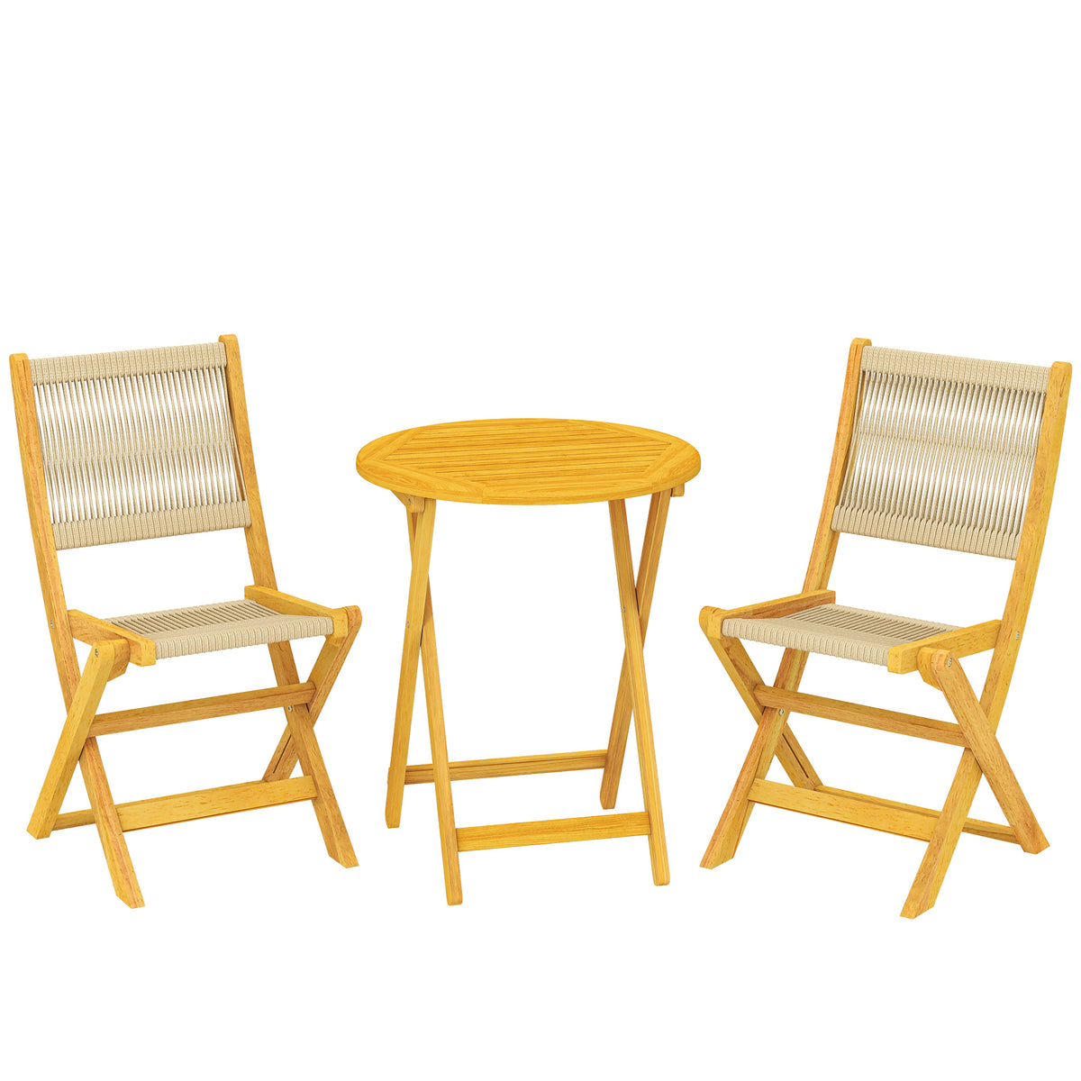 Salon de Jardin Ensemble Bistro 3 Pièces Table Ronde et 2 Chaises Pliables Design Boho Bois d'Acacia Cordage PP Naturel-0