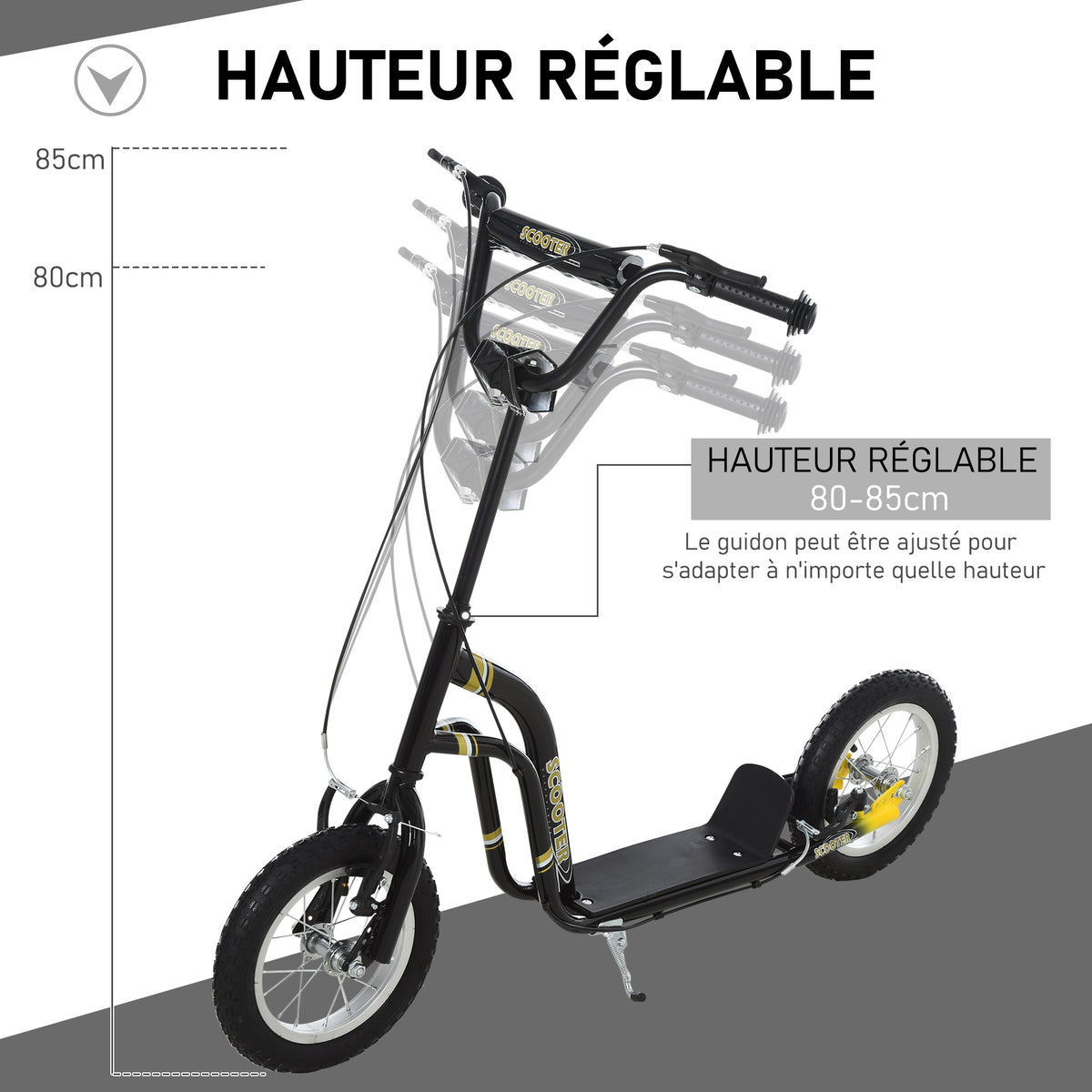 Trottinette enfants, grandes roues pneumatiques 12 pouce en caoutchouc, charge 100 kg, trottinette tout terrain avec double freins, hauteur réglable et béquille latérale, 5 à 12 ans, noir-3