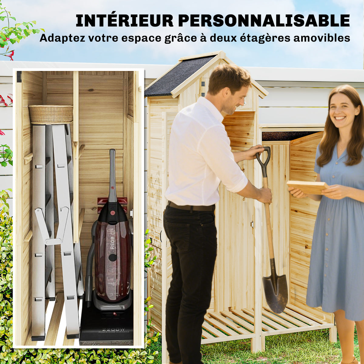 Armoire de Jardin en Bois Abri de Jardin Toit en Asphalte Double Zone et Étagères Amovibles 106x57x167cm Naturel-5
