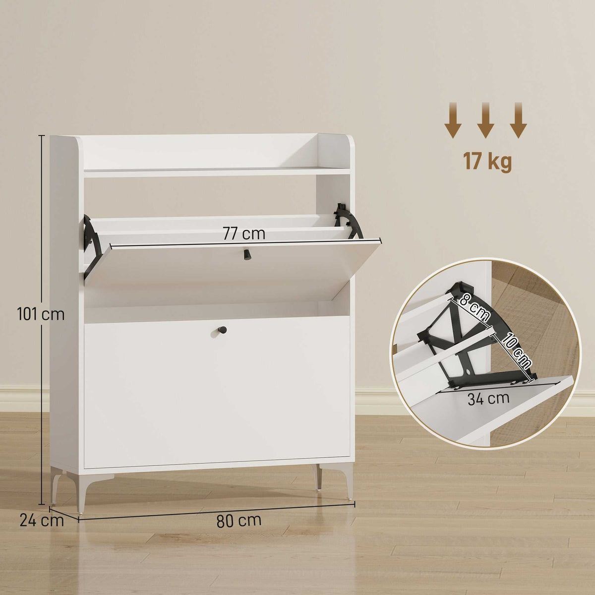 Meuble à chaussures 16 paires, armoire à chaussures avec 2 tiroirs rabattables, étagères réglables, 80x24x101cm, blanc-2