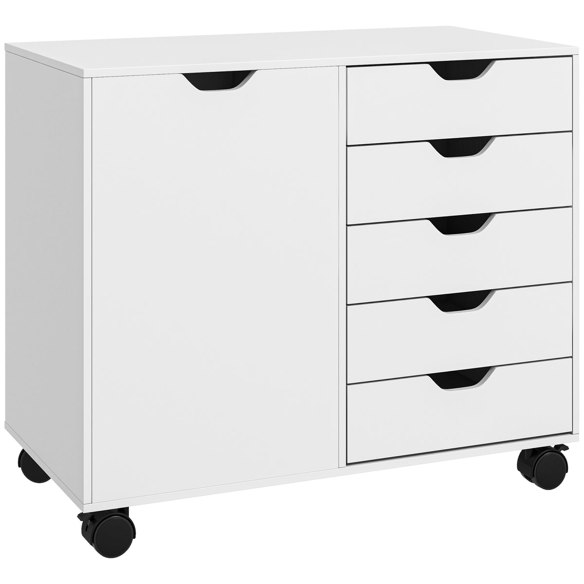 Meuble de rangement pour bureau 5 tiroirs 1 porte étagère réglable, support imprimante roulettes, 78x40x66,5 cm, blanc-0