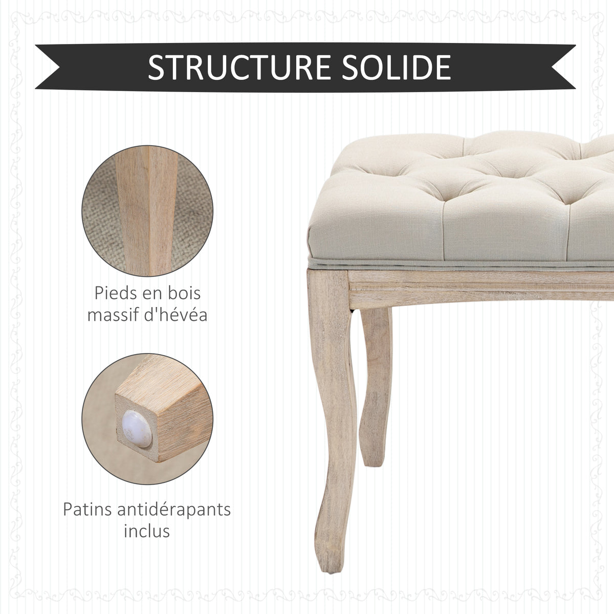 Banc Banquette capitonnée Style Classique 110 cm Bout de lit Rembourrée en lin piètement Bois hévéa sculpté Beige-4