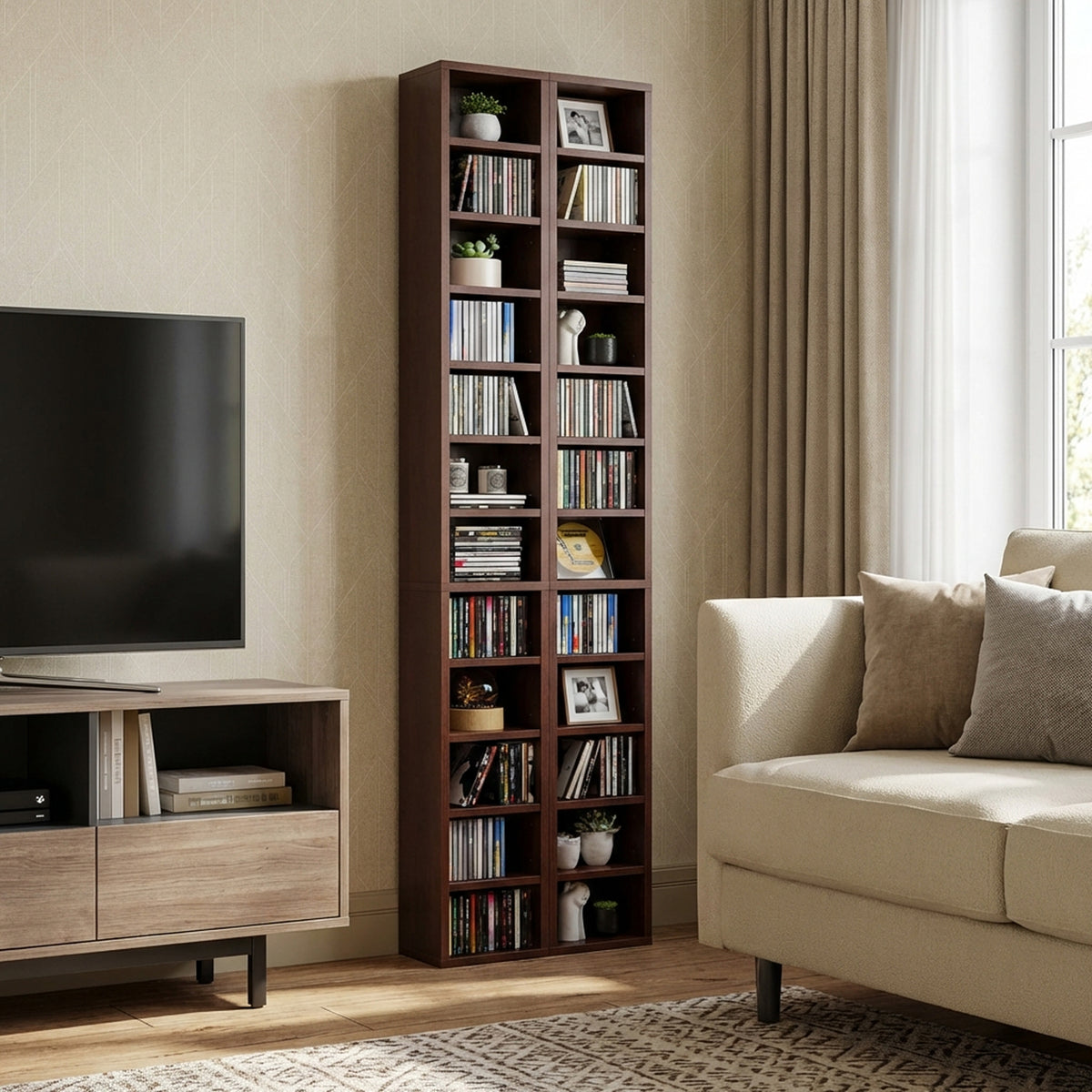 Rangements pour CD et DVD, étagère colonne de rangement, meuble de rangement avec 12 compartiments, capacité max. 204 CD, 21 x 20 x 175 cm, marron-7
