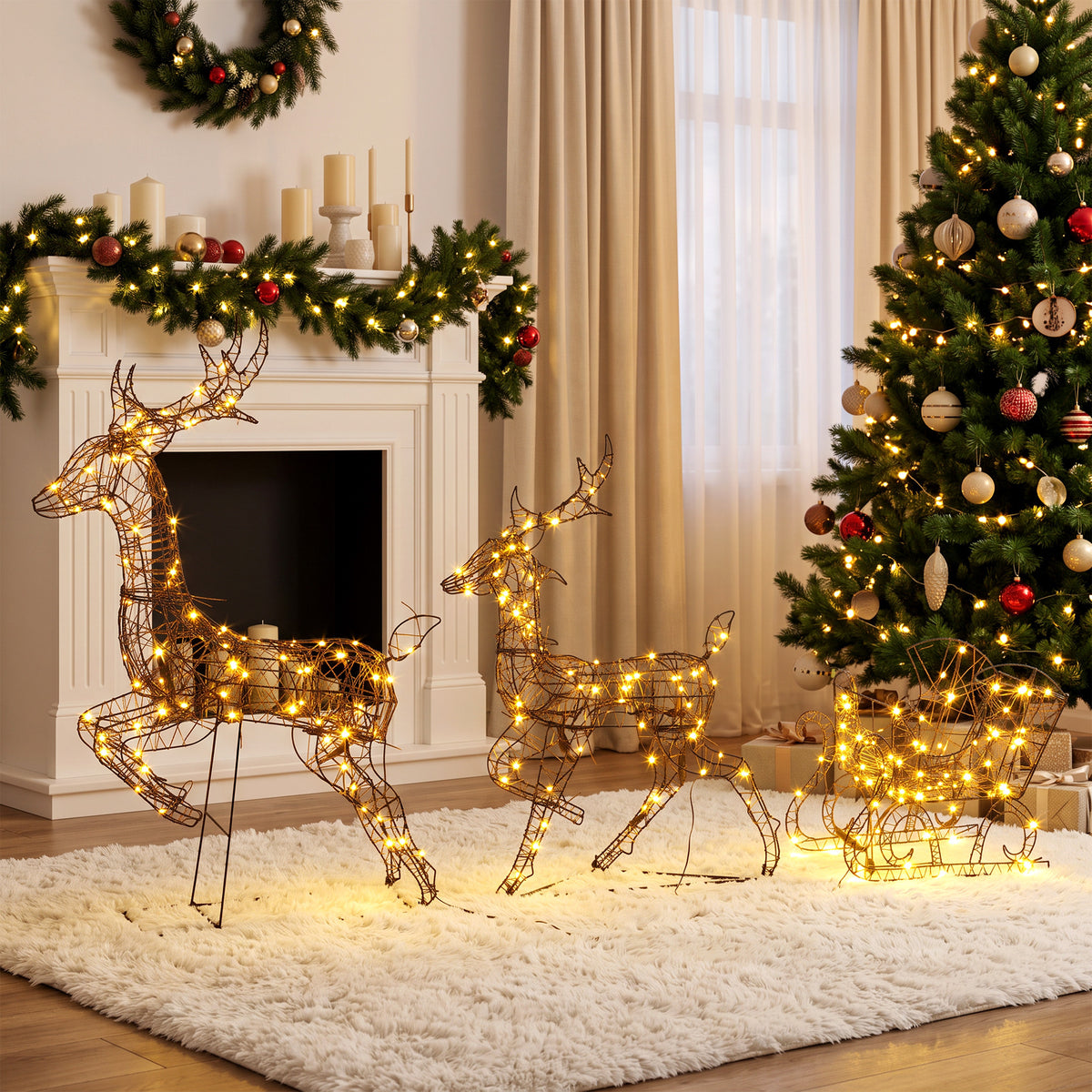 Lot de 2 Rennes de Noël avec Traîneau Lumineux 3 Pièces, 240 LED Blanc Chaud, 8 Modes et Minuterie, 78x22x105cm, Marron-9