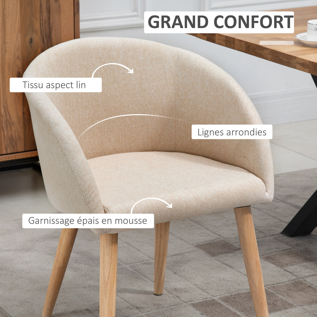 Lot de 2 chaises de salle à manger chaise de cuisine Design scandinave - Pieds inclinés effilés Bois Caoutchouc-3