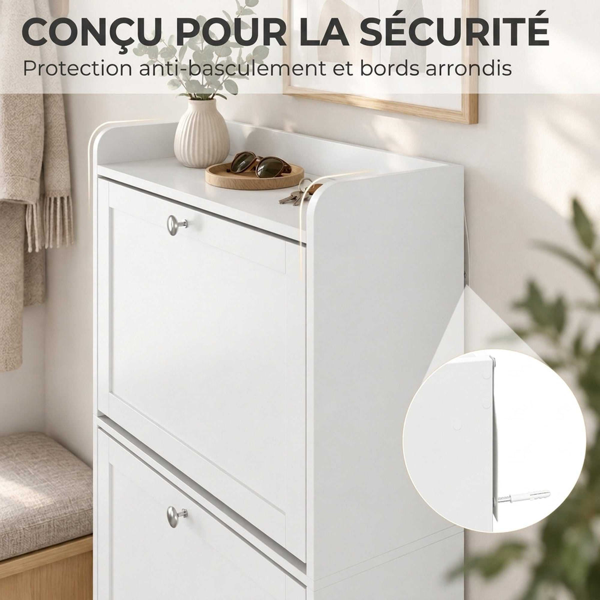 Meuble à Chaussures 15 Paires, Armoire à Chaussures avec 3 Tiroirs, Étagères Réglables et Plateau Supérieur, Blanc-4