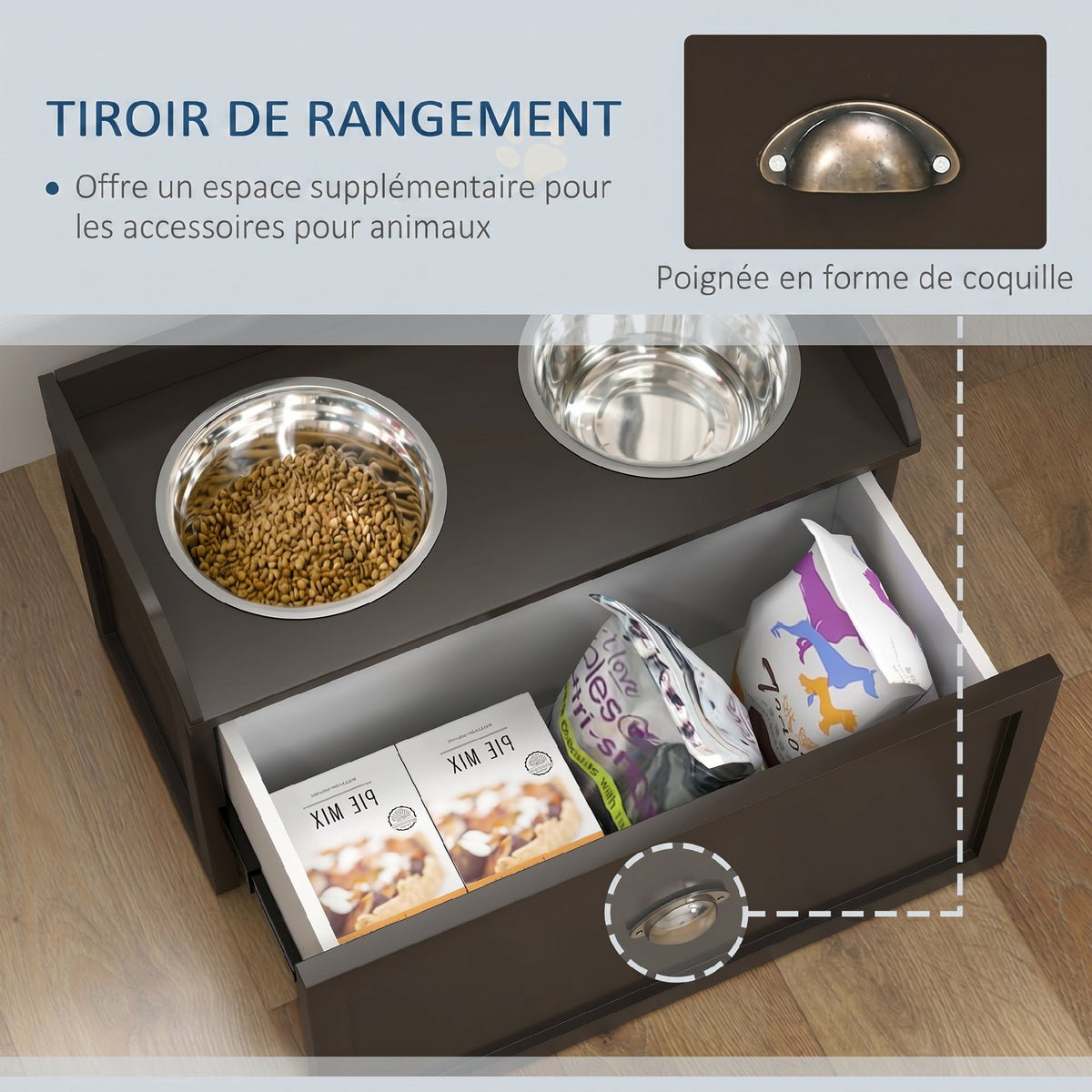 Gamelles Chiens Surélevées, Porte-Gamelles Surélevé Rangement 2 en 1, Tiroir, 2 Gamelles, 60x30x36cm, Marron Café-4