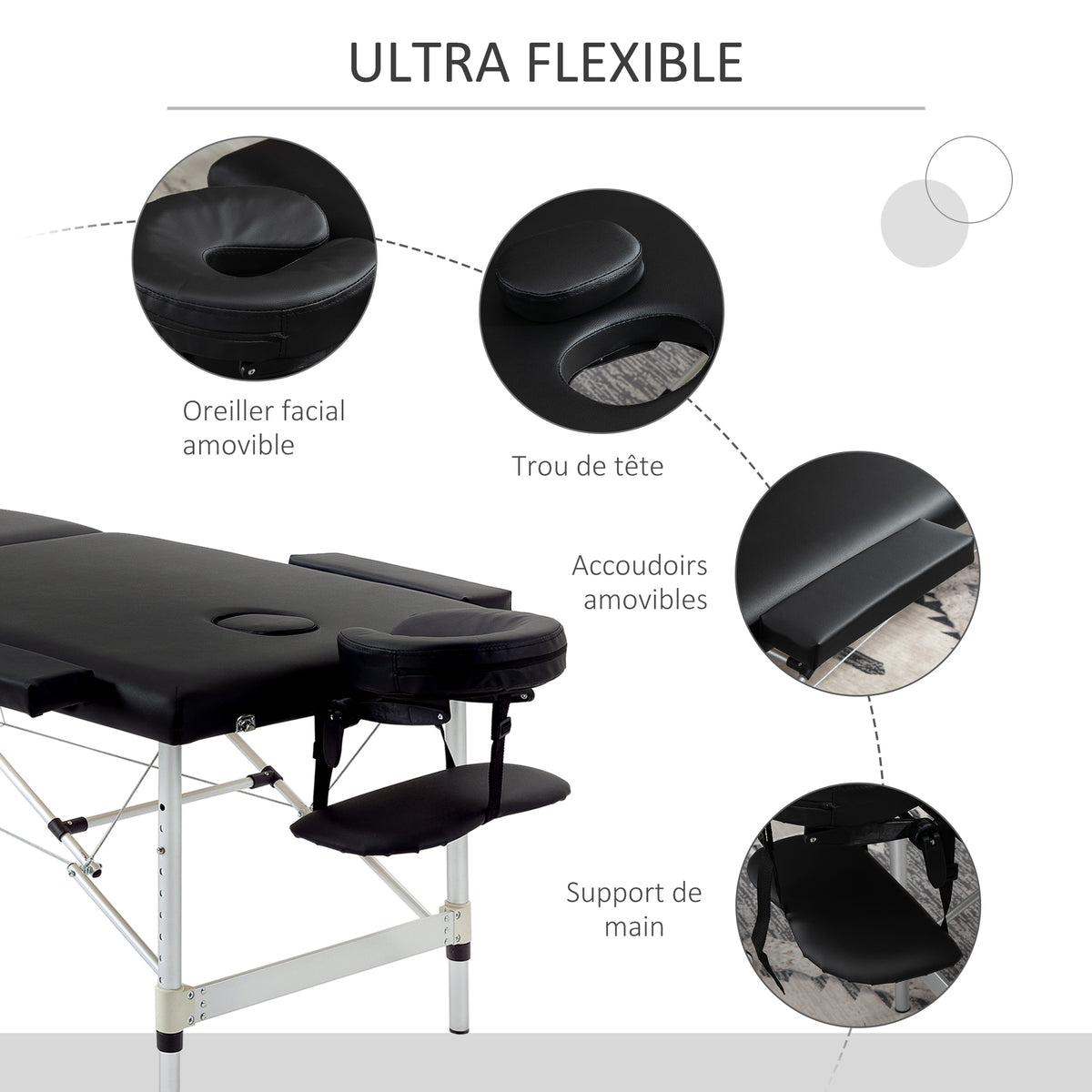 Table de massage pliable portable + housse de transport charge max. 225 Kg hauteur réglable 210 x 90 cm noir-4