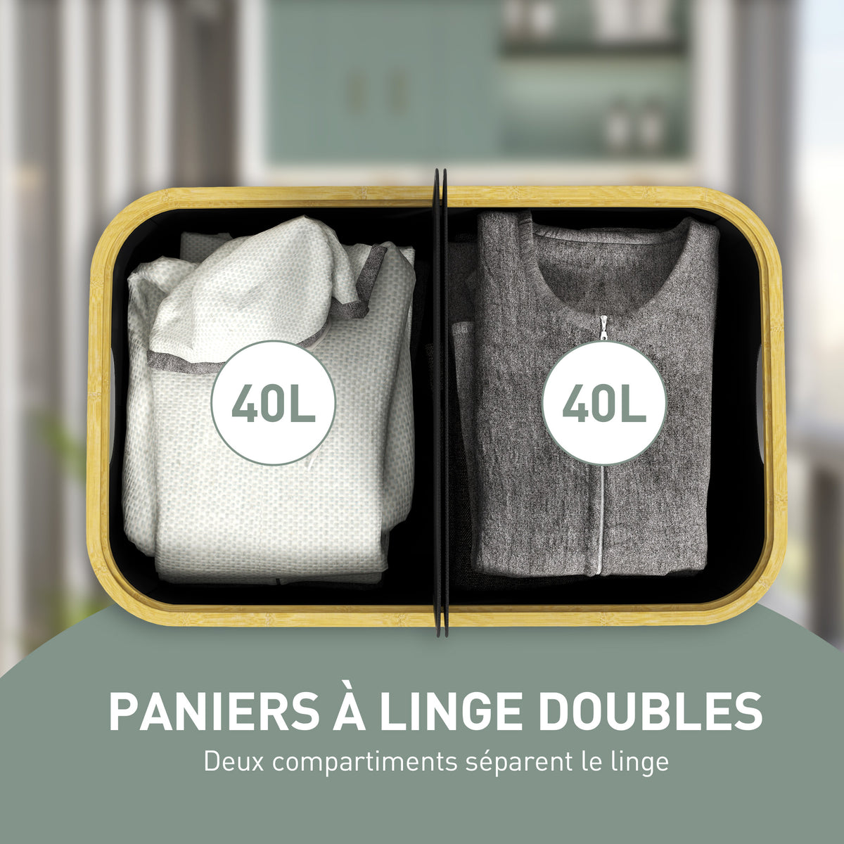 Panier à linge double pliable 80 L corbeille à linge sale avec couvercle, poignées rainurées, noir-3