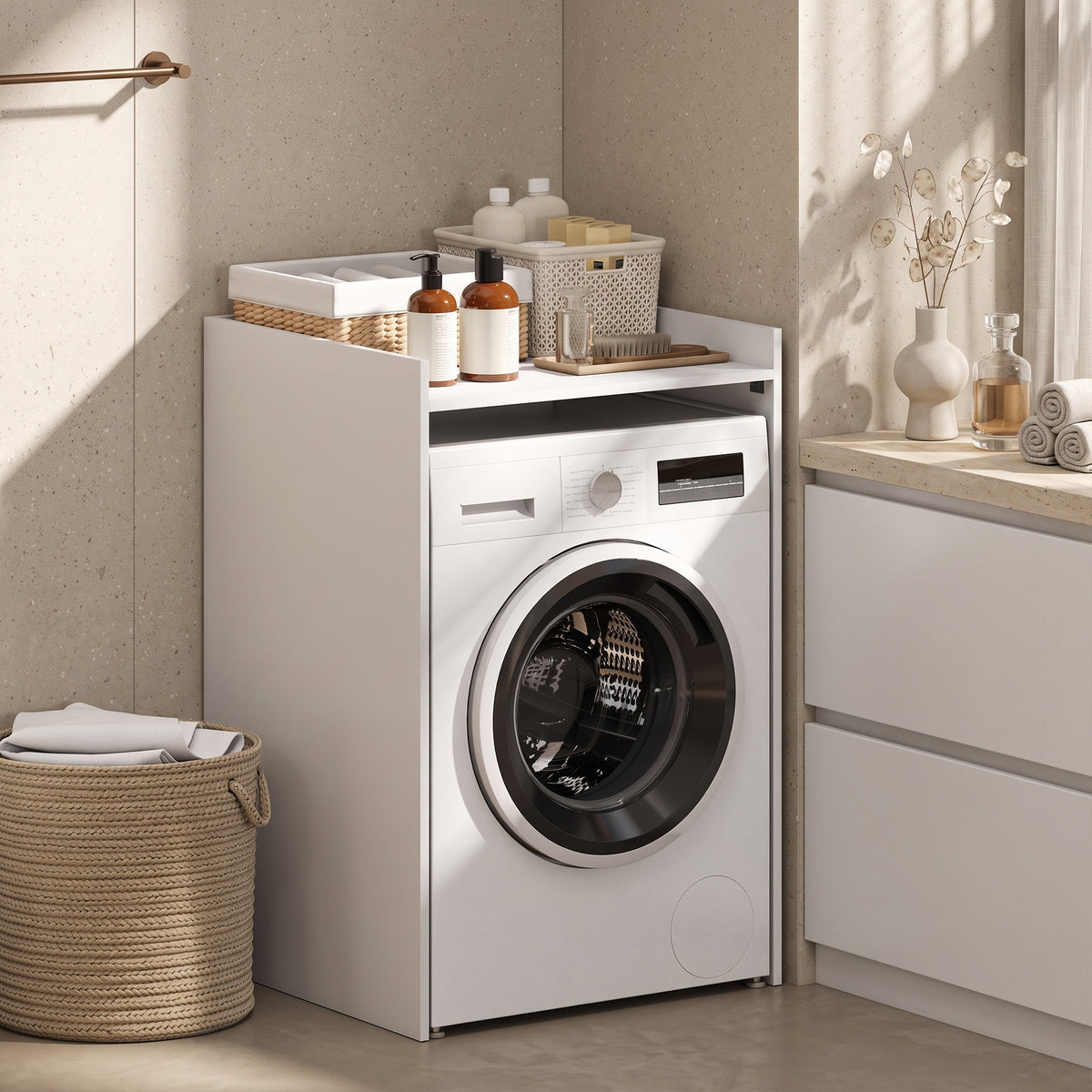 Meuble Machine à Laver avec Plan de Travail, Style Moderne, Anti-Basculement, Meuble de Rangement, 64x60x97,5cm, Blanc-7