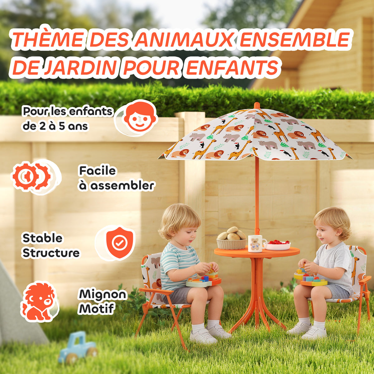 Salon de jardin enfant, table enfant avec 2 chaises pliantes et parasol Ø 100 cm, motif animal, orange-3