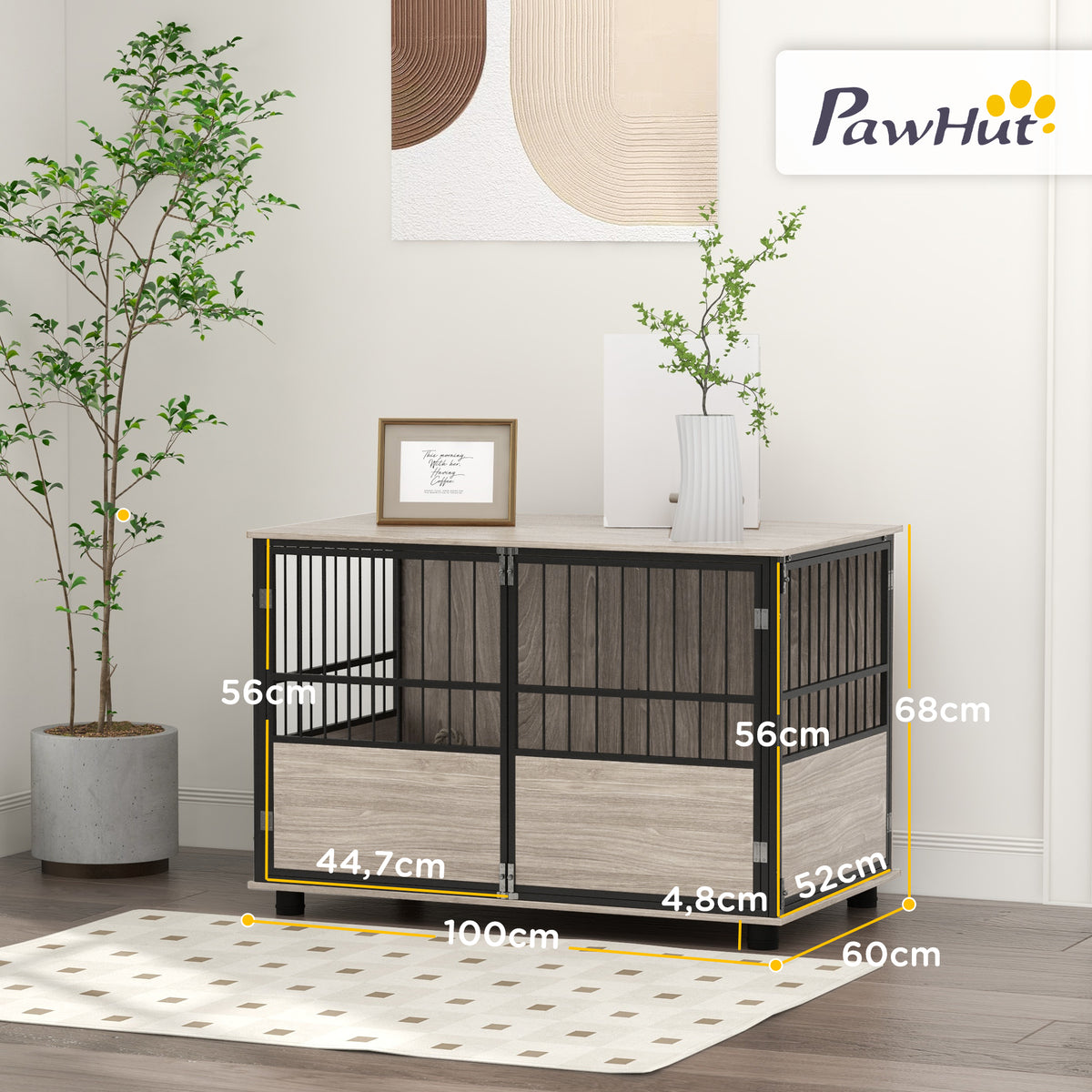 Cage pour chien intérieur, table d'appoint, 100 x 60 x 68 cm, niche, 3 portes verrouillables, aspect bois noir-2