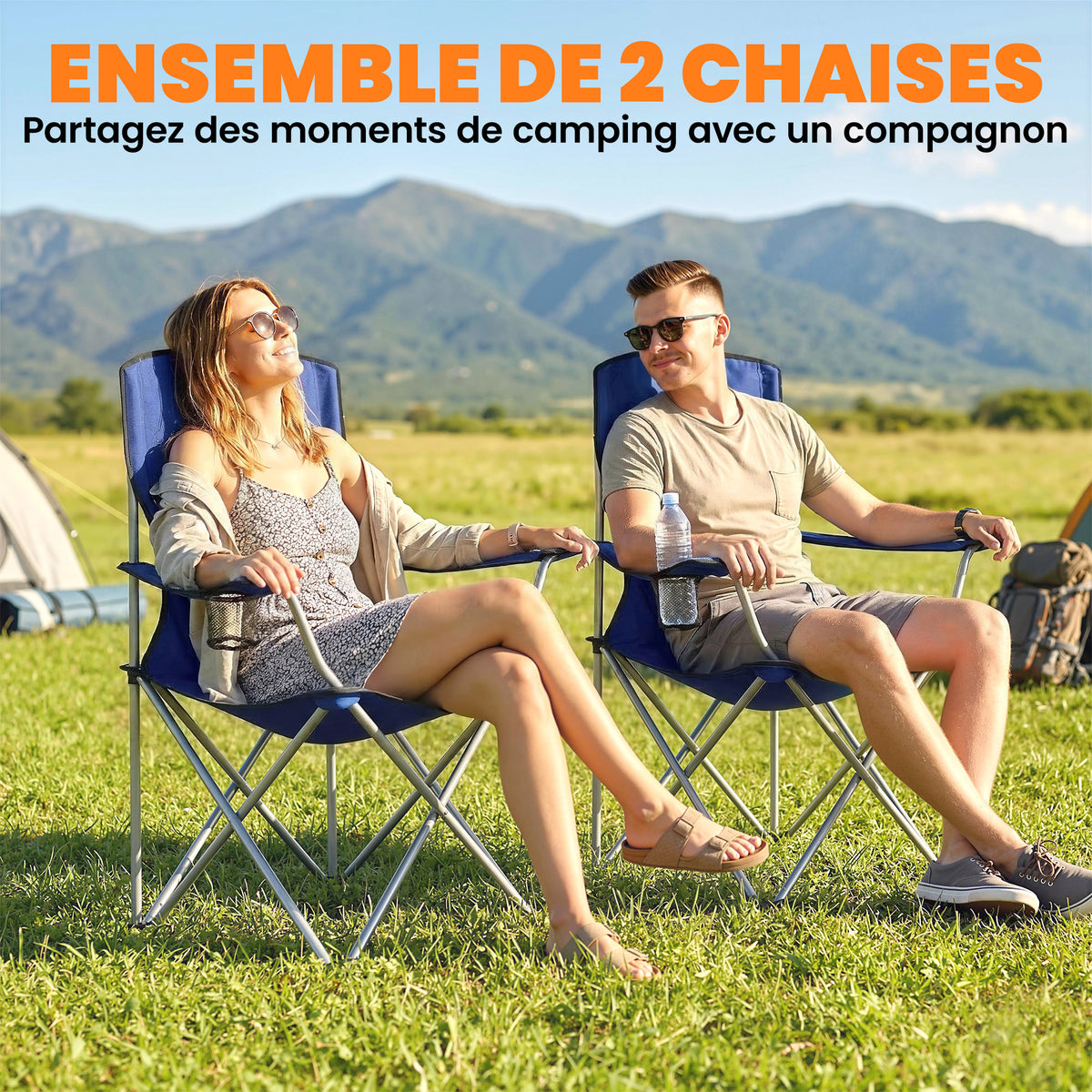 Lot de 2 Chaises de Camping Pliantes avec Porte-Gobelet, Sac de Transport, Dossier Haut, 88x57x97cm, Bleu Foncé-3