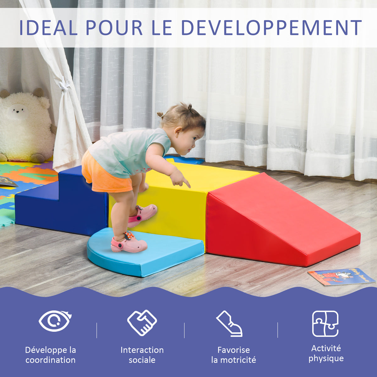 4 Blocs de construction XL - modules de motricité - jouets éducatifs - parcours motricité enfant mousse EPE polyuréthane, bleu, jaune, rouge-3