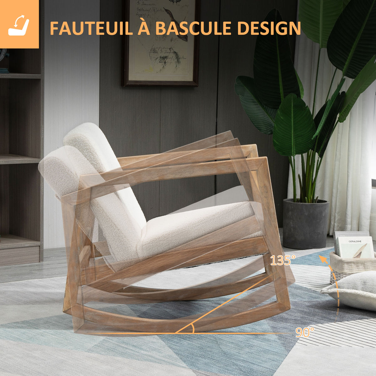 Fauteuil à bascule fauteuil allaitement rocking chair en tissu effet laine bouclée avec pieds en bois massif-3