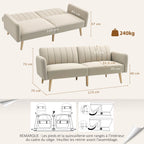 Canapé Convertible 2 Places Design scandinave Dossier inclinable 3 Positions Pieds Bois Tissu Aspect Lin Beige-2