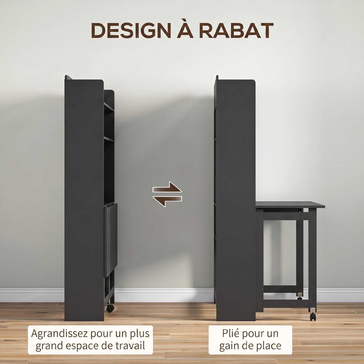 Bureau Informatique avec Étagères de Rangement, Plateau Rabattable, 2 Roulettes, pour Chambre, Salon, 80x69x155cm, Noir-3