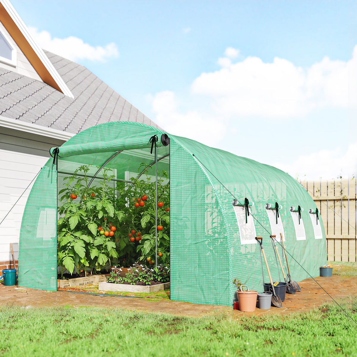 Serre tunnel de jardin 12m², serre de jardin tunnel 295x400x200cm 2 portes et 8 fenêtres bâche PE 140 g/m² vert-1
