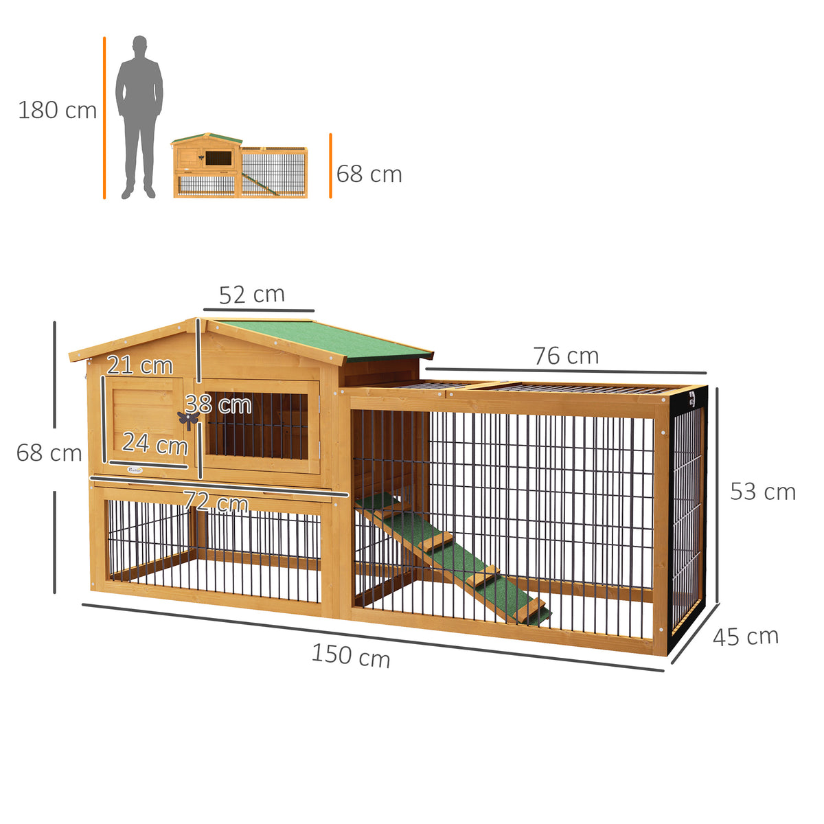 Clapier de sol cage à lapin niche supérieure avec rampe enclos extérieur porte verrouillable 150 x 52,5 x 68 cm jaune-2
