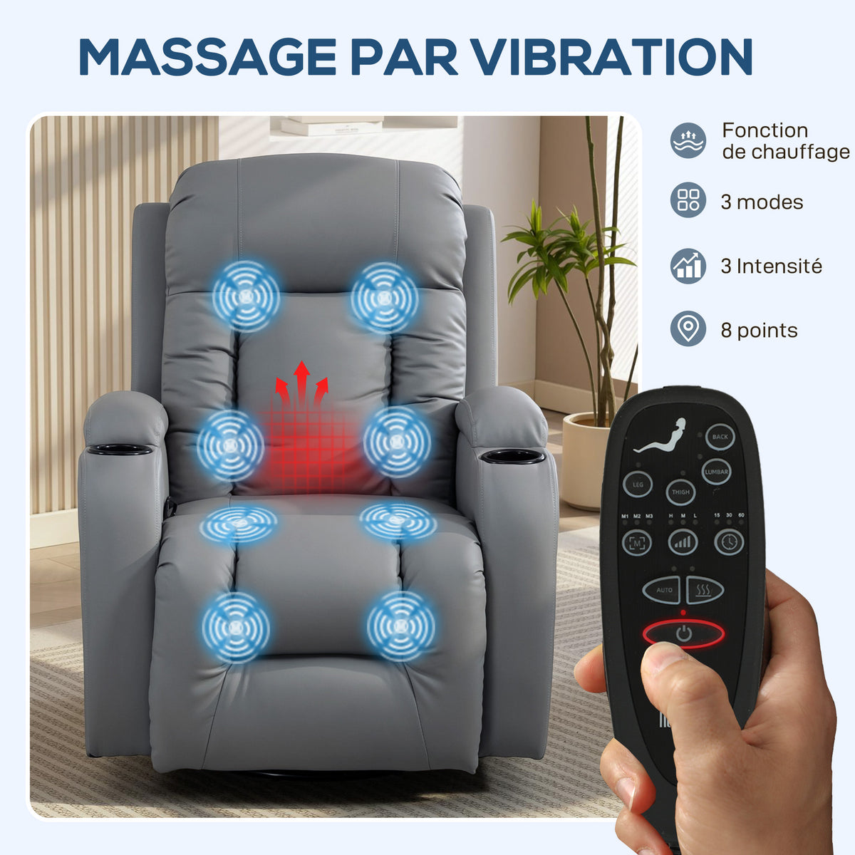 Fauteuil Inclinable de Massage et Chauffage, Fauteuil de Relaxation, Dossier Réglable, Pivotant, 82x99x103cm, Gris Clair-3