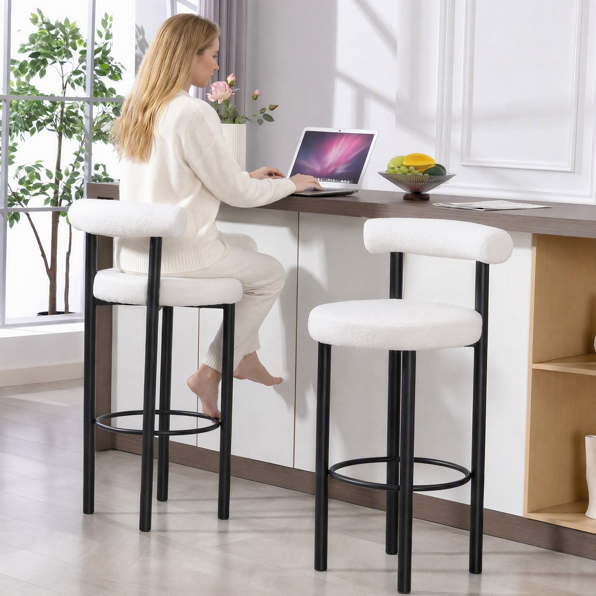 Lot de 2 tabourets de bar, chaises de bar en tissu bouclette avec dossier incurvé, repose-pieds, 50x52,5x98cm, blanc-7