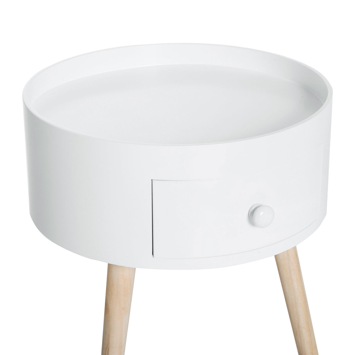 Table basse - table de chevet - table de nuit ronde - design scandinave table d'appoint bout de canapé avec tiroir pieds effilés inclinés bois massif chêne clair blanc-8