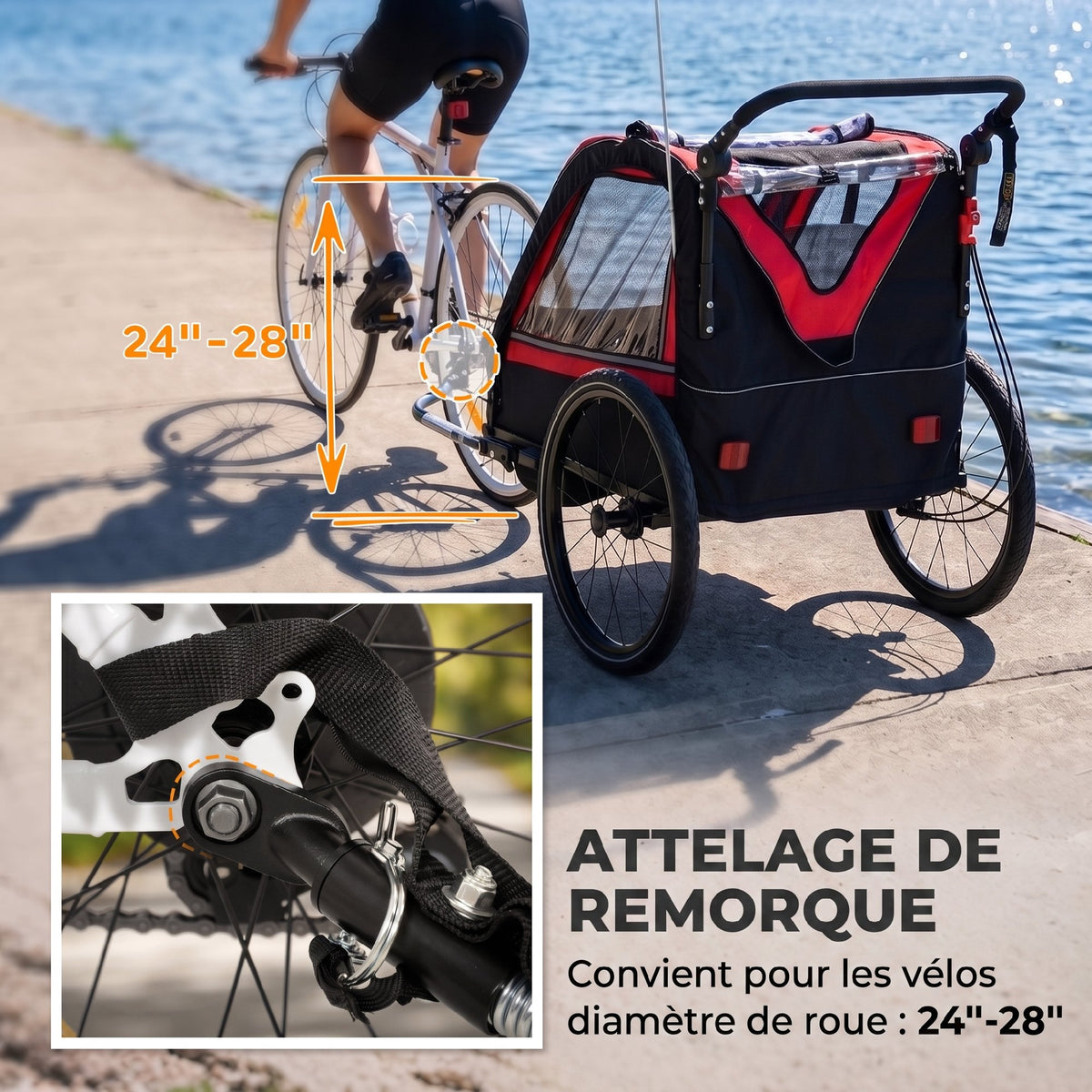 Remorque vélo enfant 2 en 1, poussette vélo bébé 2 places, guidon réglable, frein à main, ceinture de sécurité, rouge-6