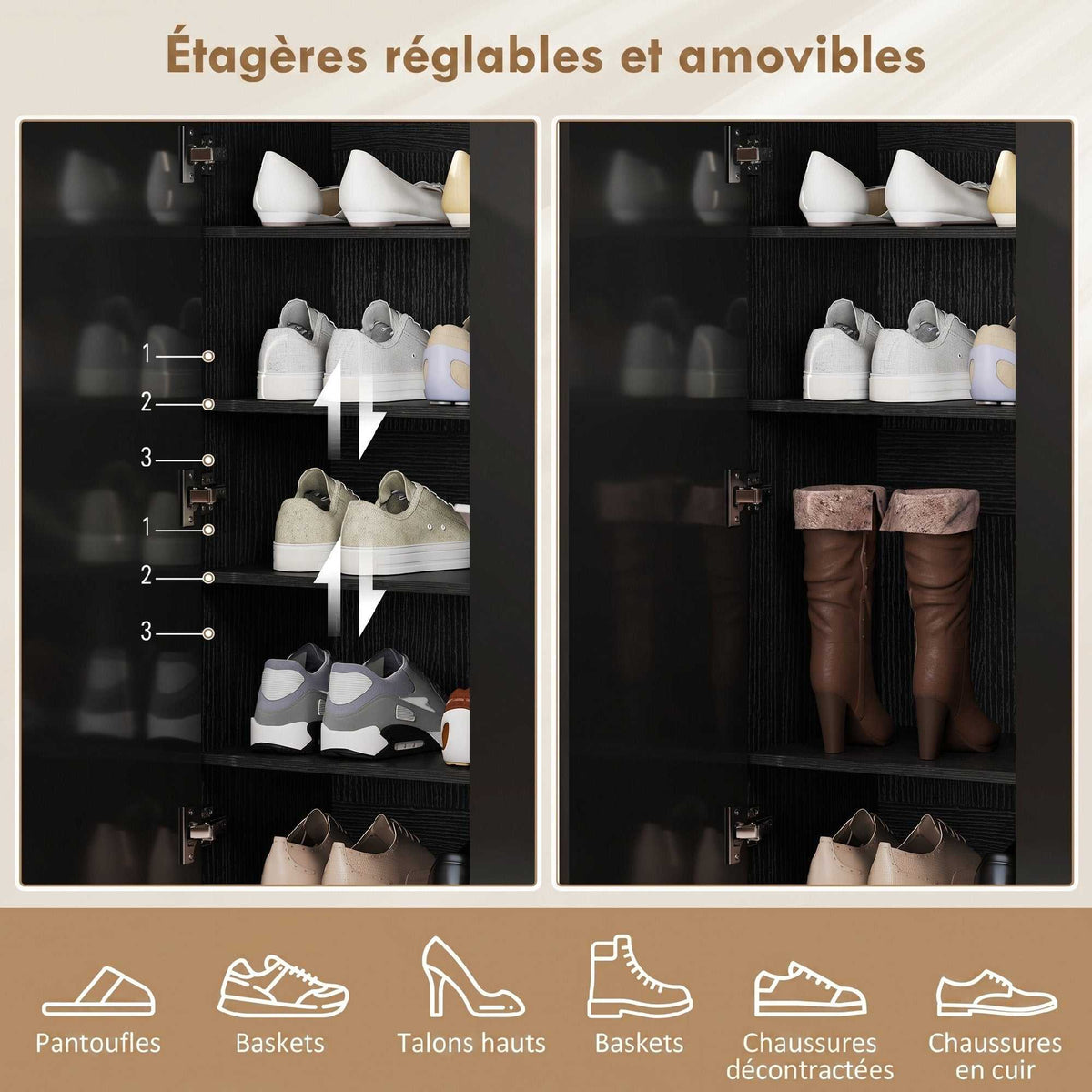 Meuble à chaussures 20 paires armoire à chaussures à haute brillance 5 niveaux étagères réglables 72x34x103cm noir-3
