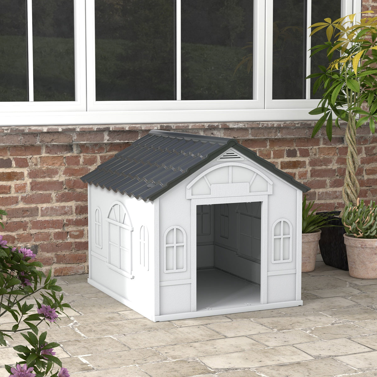 Niche pour Chien Extérieur avec Toit en Pente et Porte Avant Ouverte, pour Chiens Moyens et Grands, 84,2x98,2x82cm, Gris-1