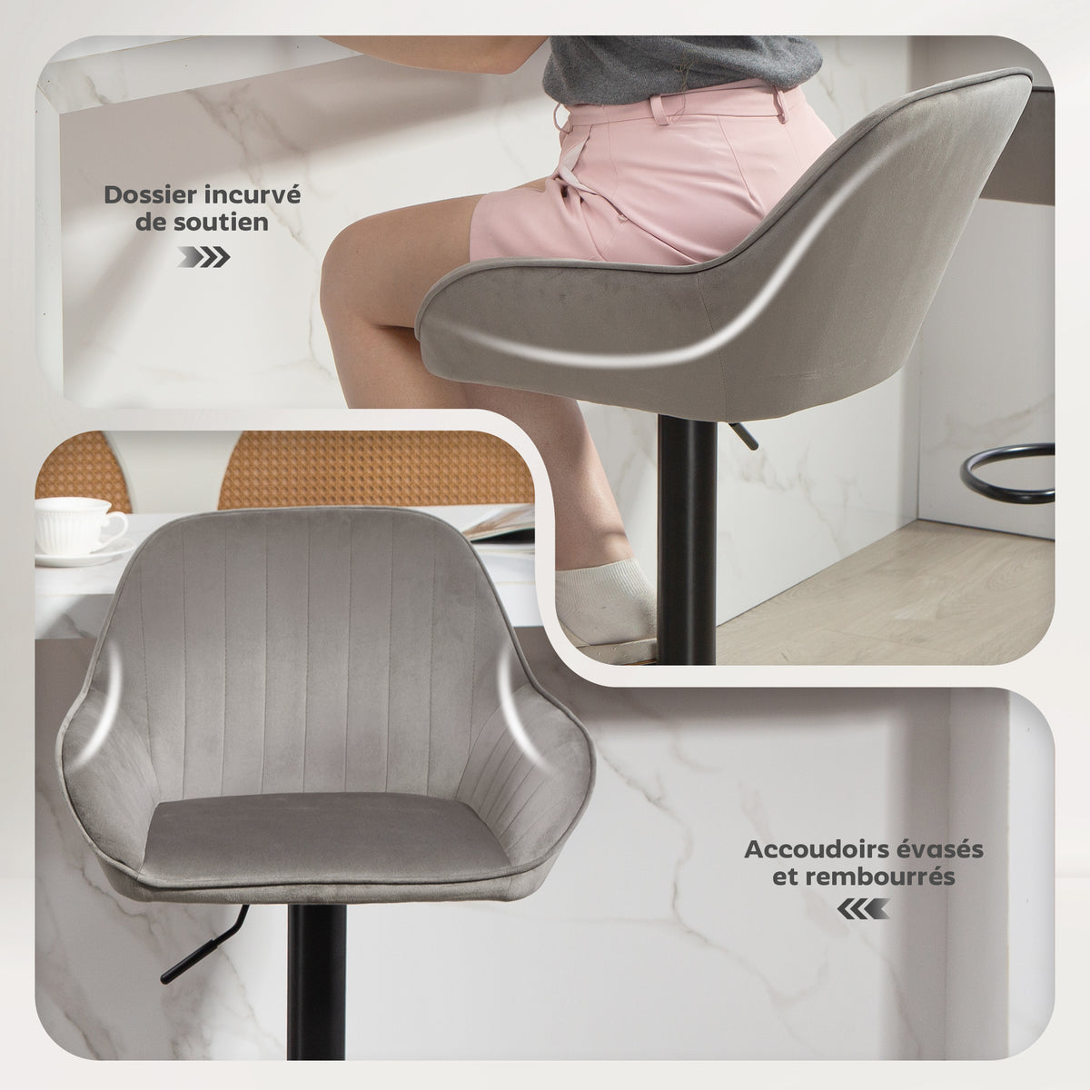 Lot de 2 tabourets de bar, chaises de bar en velours avec dossier, repose-pieds, hauteur réglable et pivotante gris-6