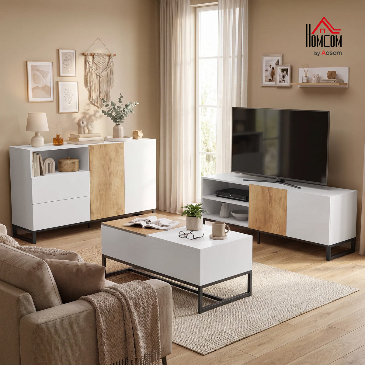 Table Basse Extensible avec Plateau Coulissant, Table de Salon avec Rangement Caché et Pieds en Acier, Blanc-7