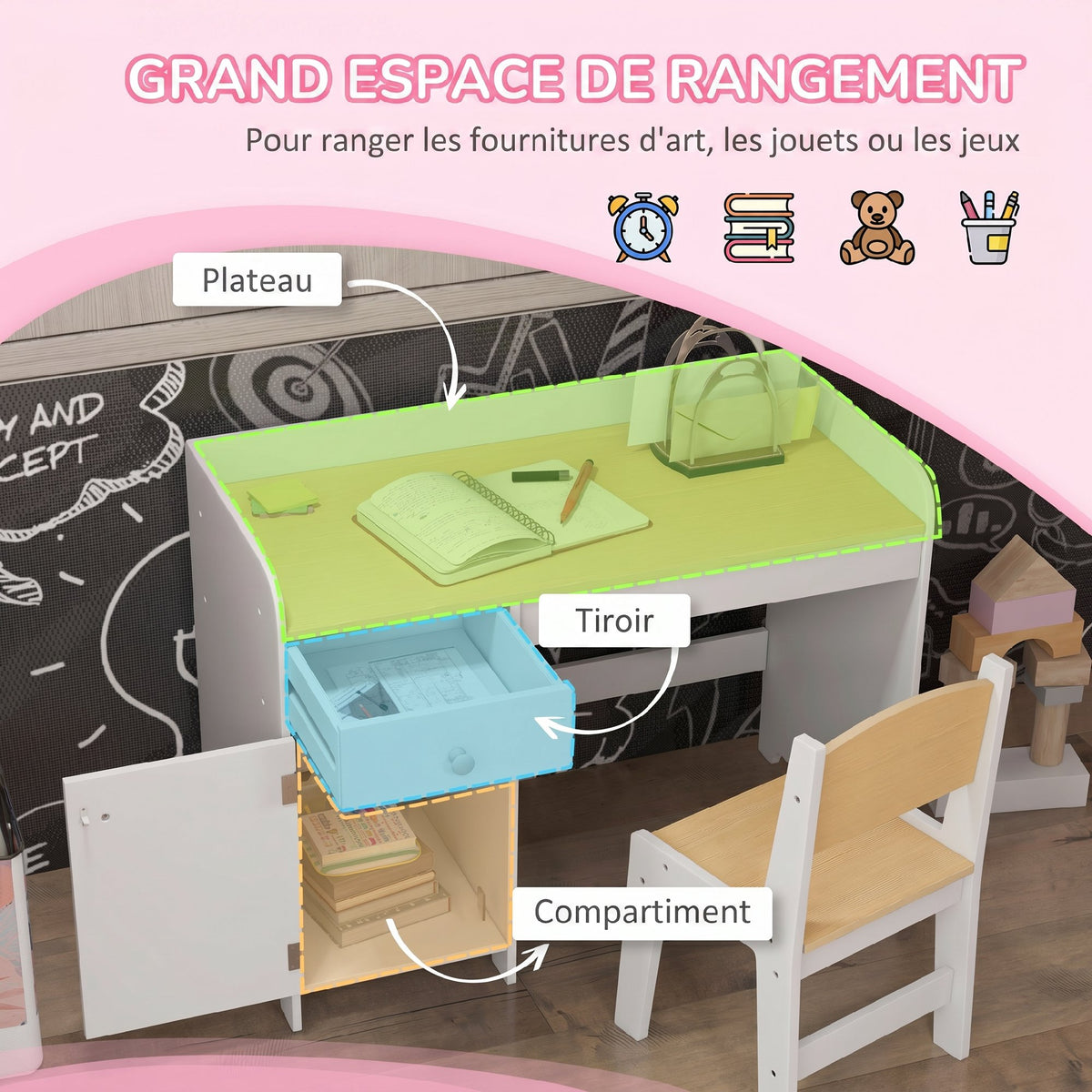 Bureau enfant avec chaise, table enfant avec tiroir, placard et large plateau, pour 3 à 6 ans, 80 x 39 x 59 cm, blanc-3