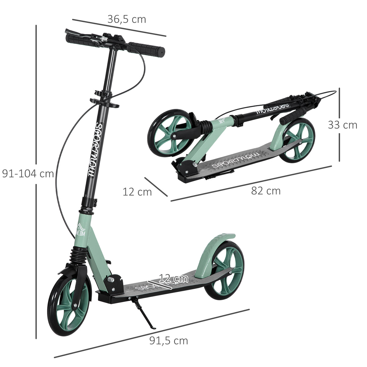 Trottinette pliable pour adultes +14 ans avec guidon réglable grandes roues de 20 cm amortisseur vert-2