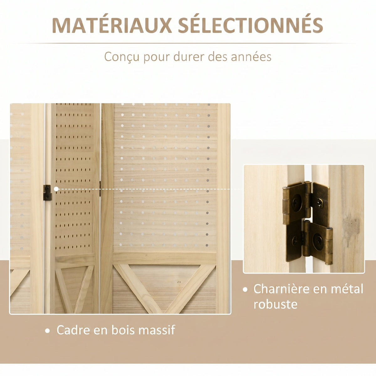 Paravent intérieur en bois 3 panneaux séparateur de pièce pliable panneau perforé 114 x 1,7 x 144,5 cm bois naturel-4