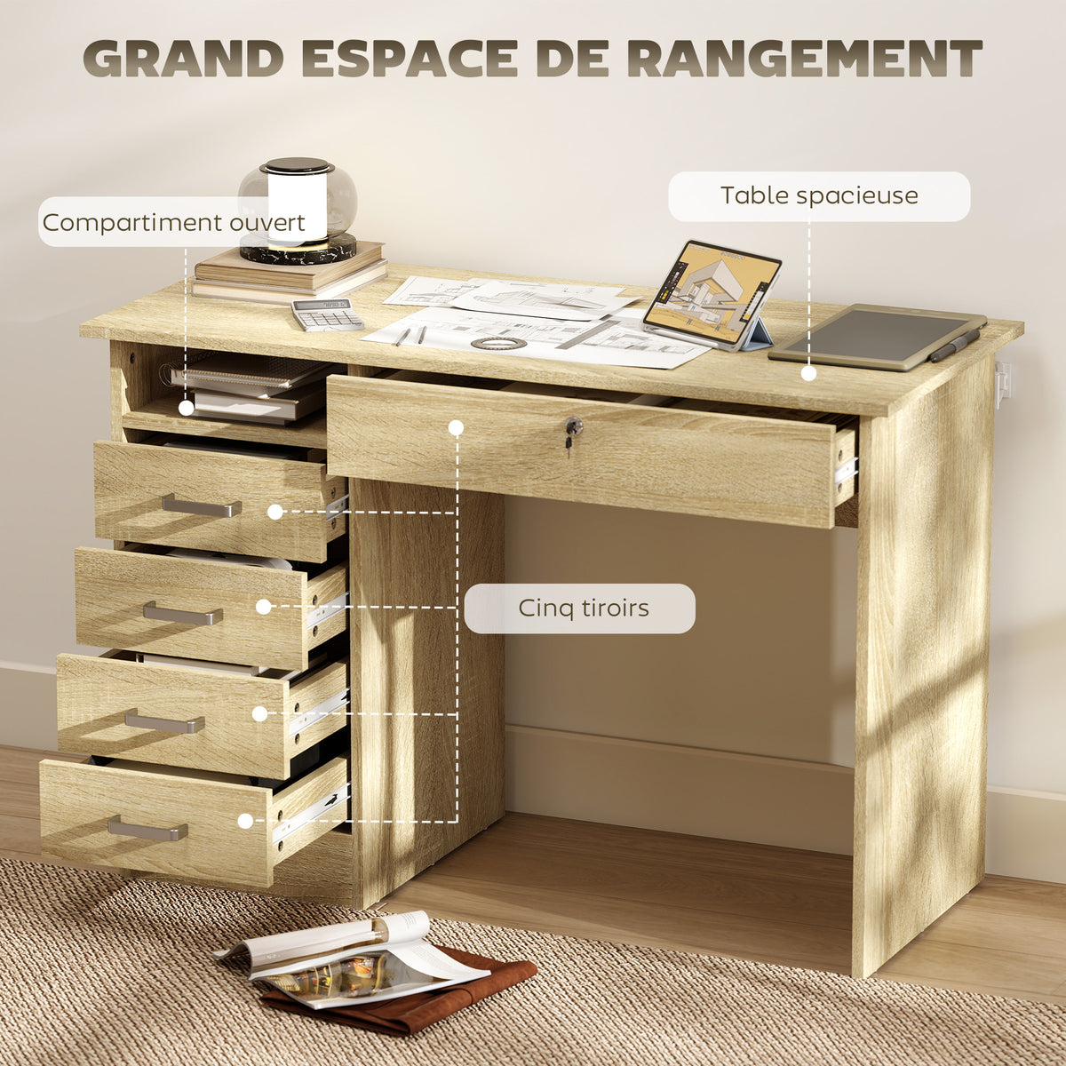 Bureau moderne avec 5 tiroirs, grand plateau, 1 compartiment ouvert, tiroir verrouillable, 110 x 50 x 76cm, chêne-3