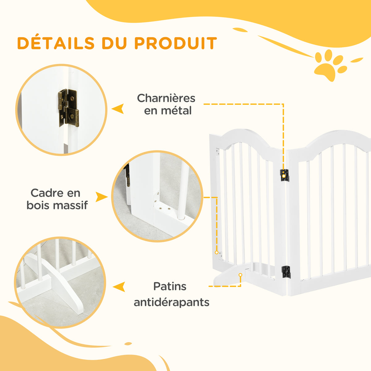 Barrière de sécurité chien barrière modulable pliable pour animaux de compagnie avec pied de support MDF bois massif 154,5 x 61 cm blanc-5