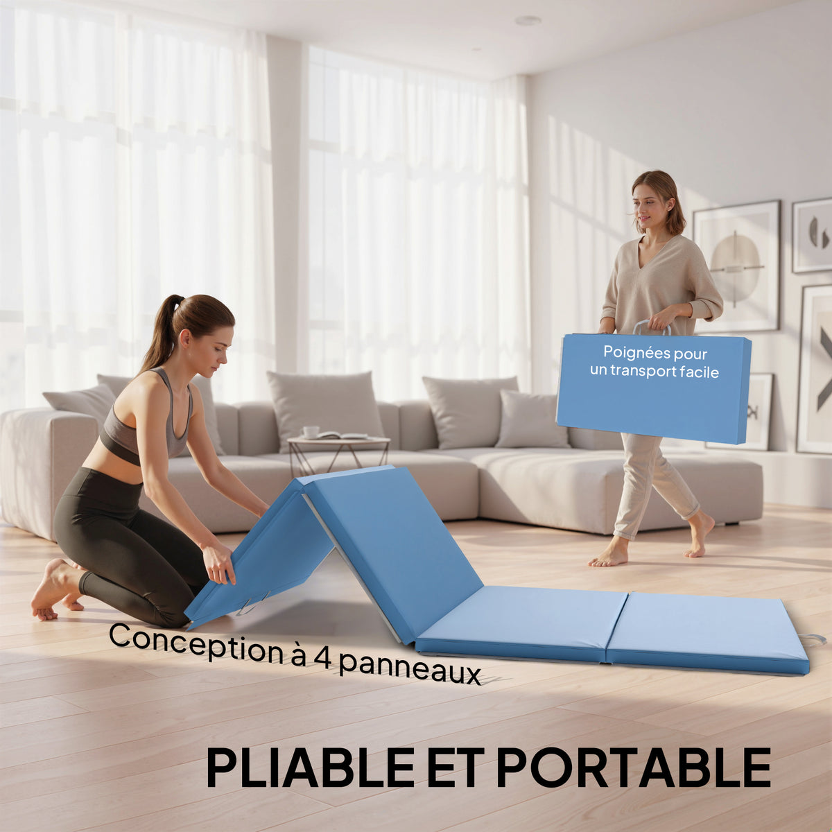 Tapis de gymnastique yoga pilates fitness pliable en 4 avec poignées revêtement synthétique 240 x 120 x 5 cm bleu clair-3