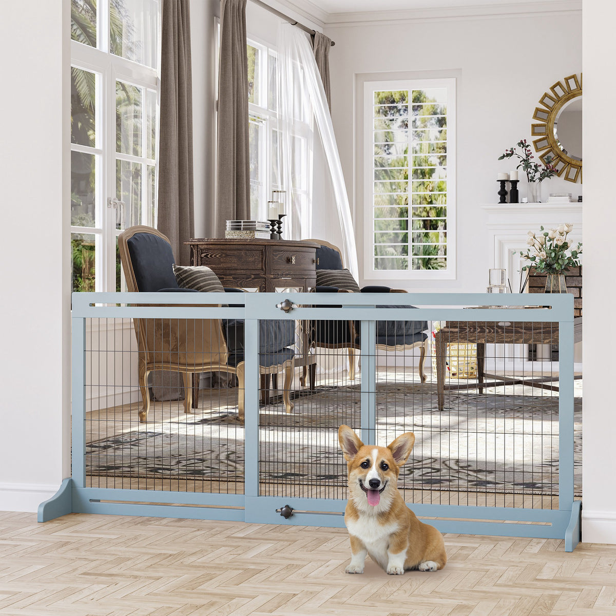 Barrière de sécurité pour chien extensible longueur réglable 104-180 x 36 x 69 cm pin bleu gris-1