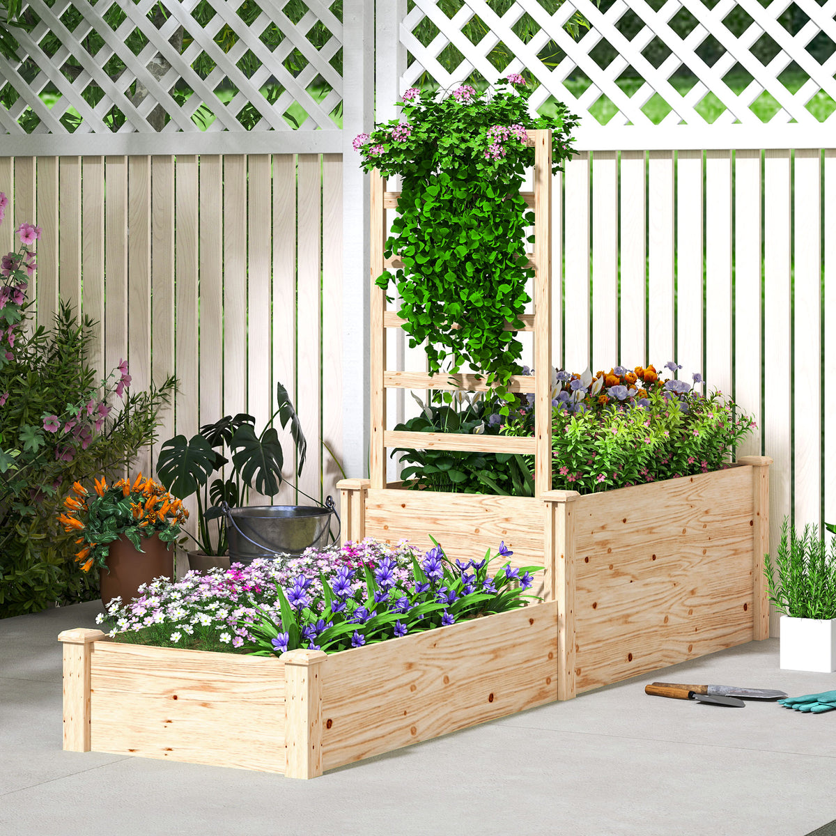 Jardinière avec treillis à 2 bacs avec fond ouvert, pour balcon terrasse patio, 222 x 63 x 132 cm, effet bois naturel-1