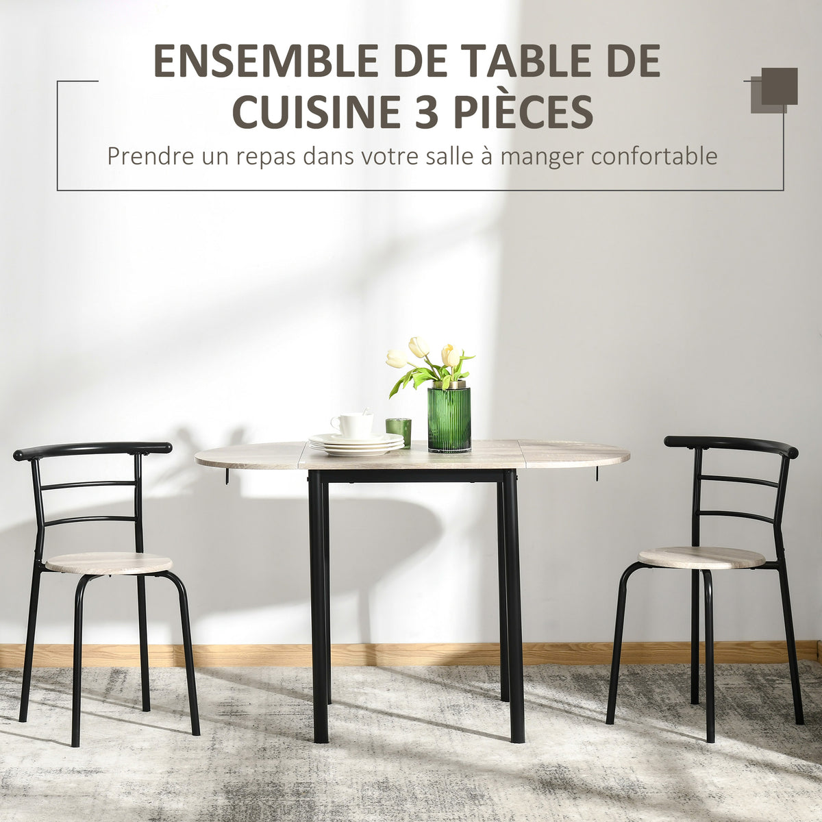 Ensemble table ovale extensible et 2 chaises - table à rabats - métal et MDF - noir et naturel-3