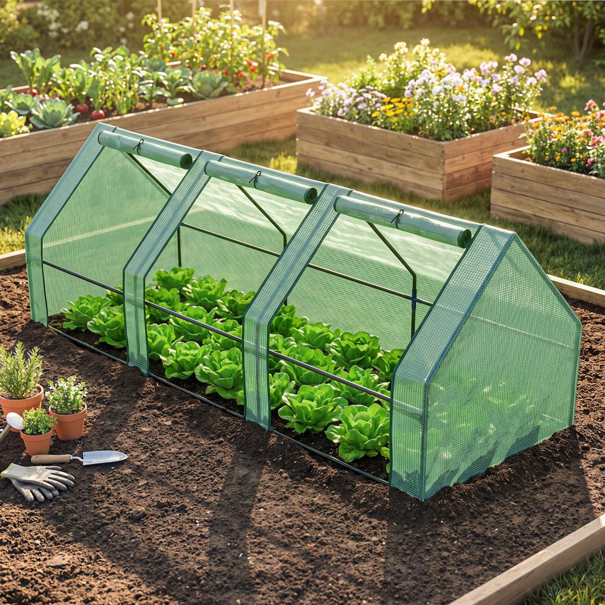 Mini Serre de Jardin mini serre tunnel 270L x 90l x 90H cm toit pointu Acier PE Haute densité 140 g/m² Anti-UV 3 fenêtres avec Zip enroulables Vert-1